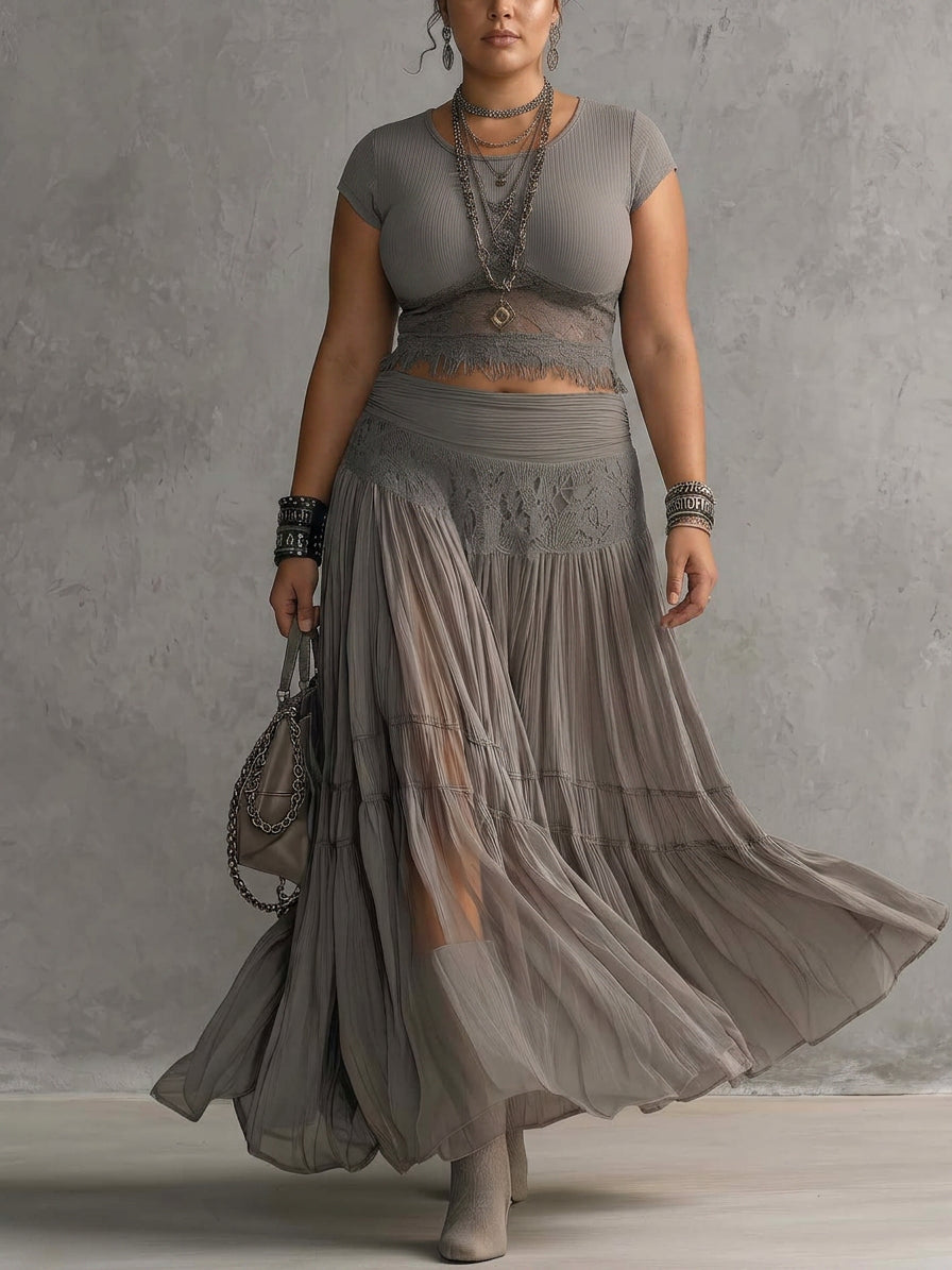 Grey Sheer Lace-Paneled Top and Pleated Maxi Skirt Set