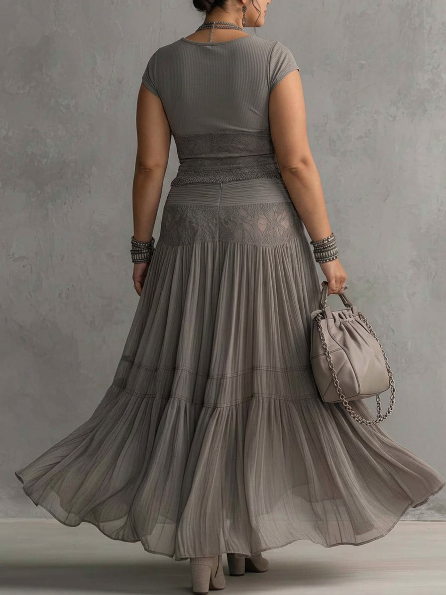 Grey Sheer Lace-Paneled Top and Pleated Maxi Skirt Set