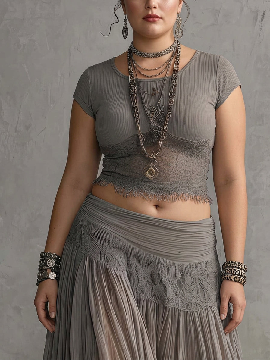 Grey Sheer Lace-Paneled Top and Pleated Maxi Skirt Set