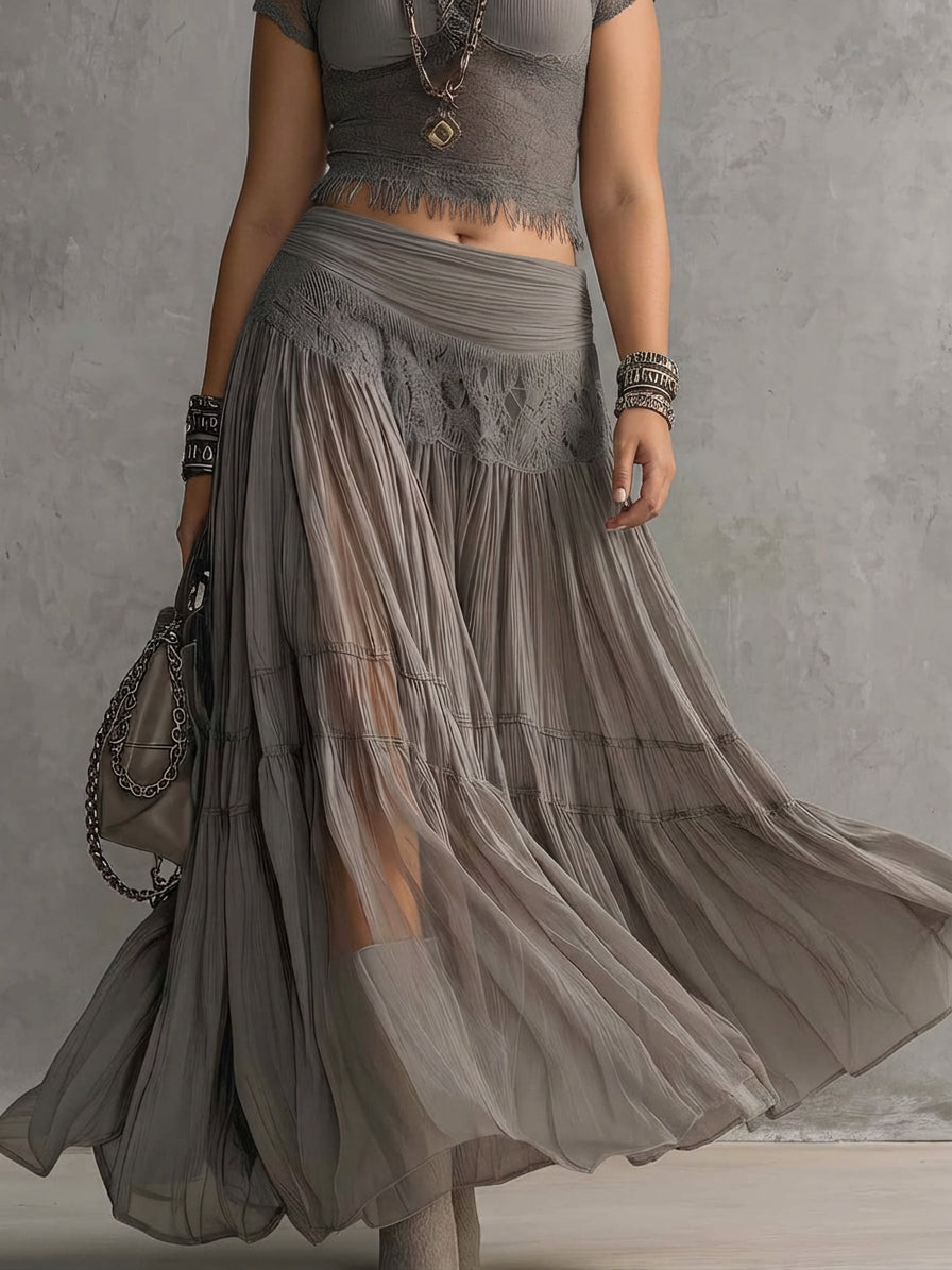 Grey Sheer Lace-Paneled Top and Pleated Maxi Skirt Set