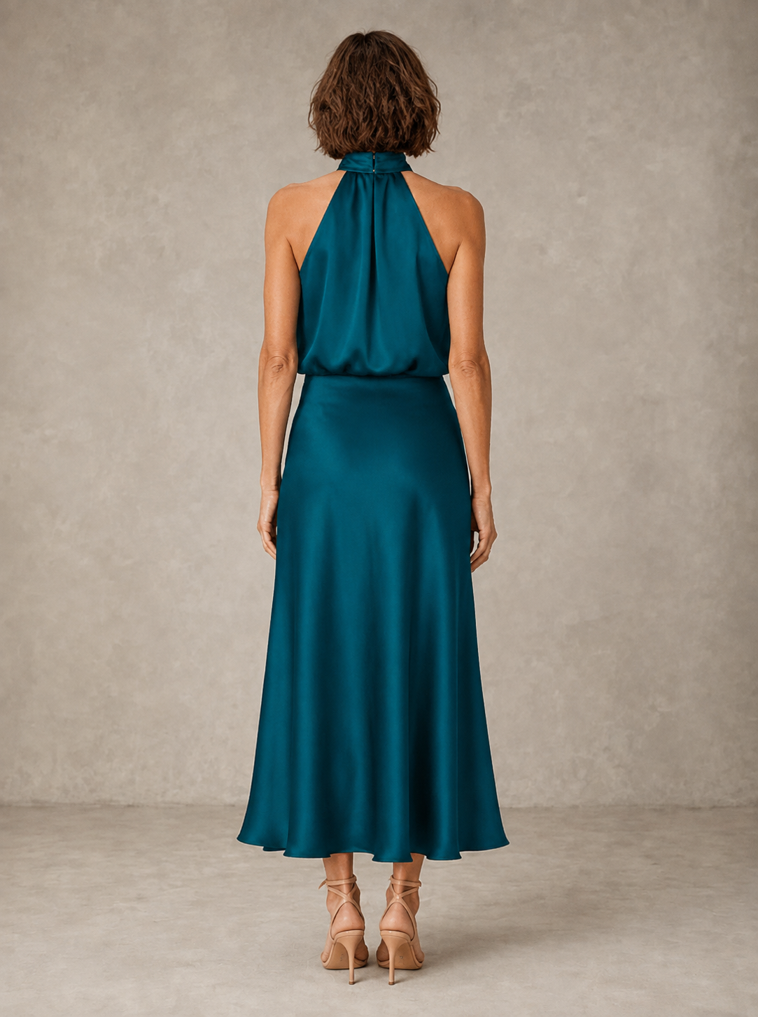 Sabine | Teal Satin Draped Halter-Neck Midi Dress