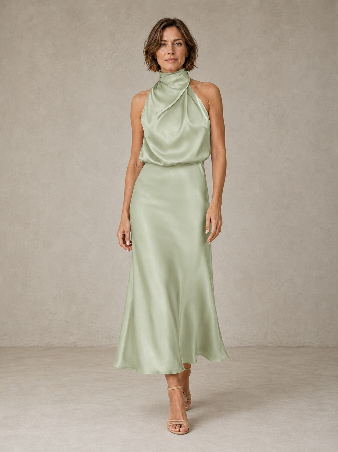 Sabine | Teal Satin Draped Halter-Neck Midi Dress