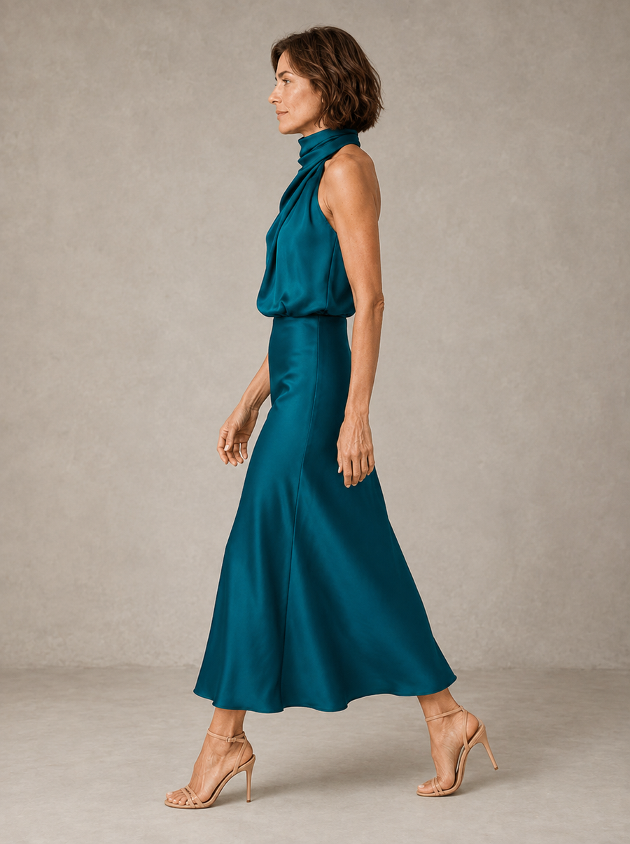 Sabine | Teal Satin Draped Halter-Neck Midi Dress