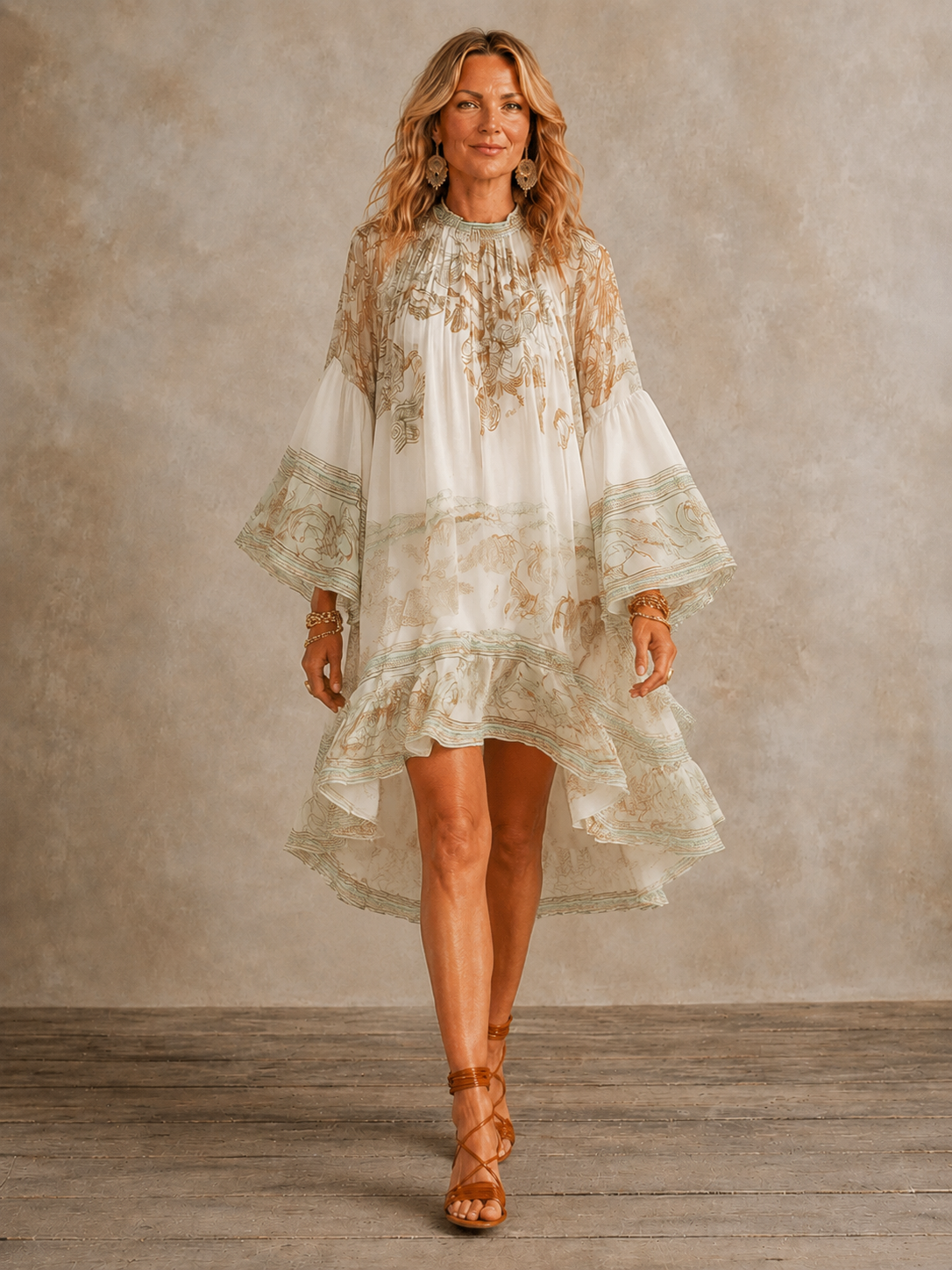 Mirabel | Ivory Boho Print High-Low Hem Mini Dress