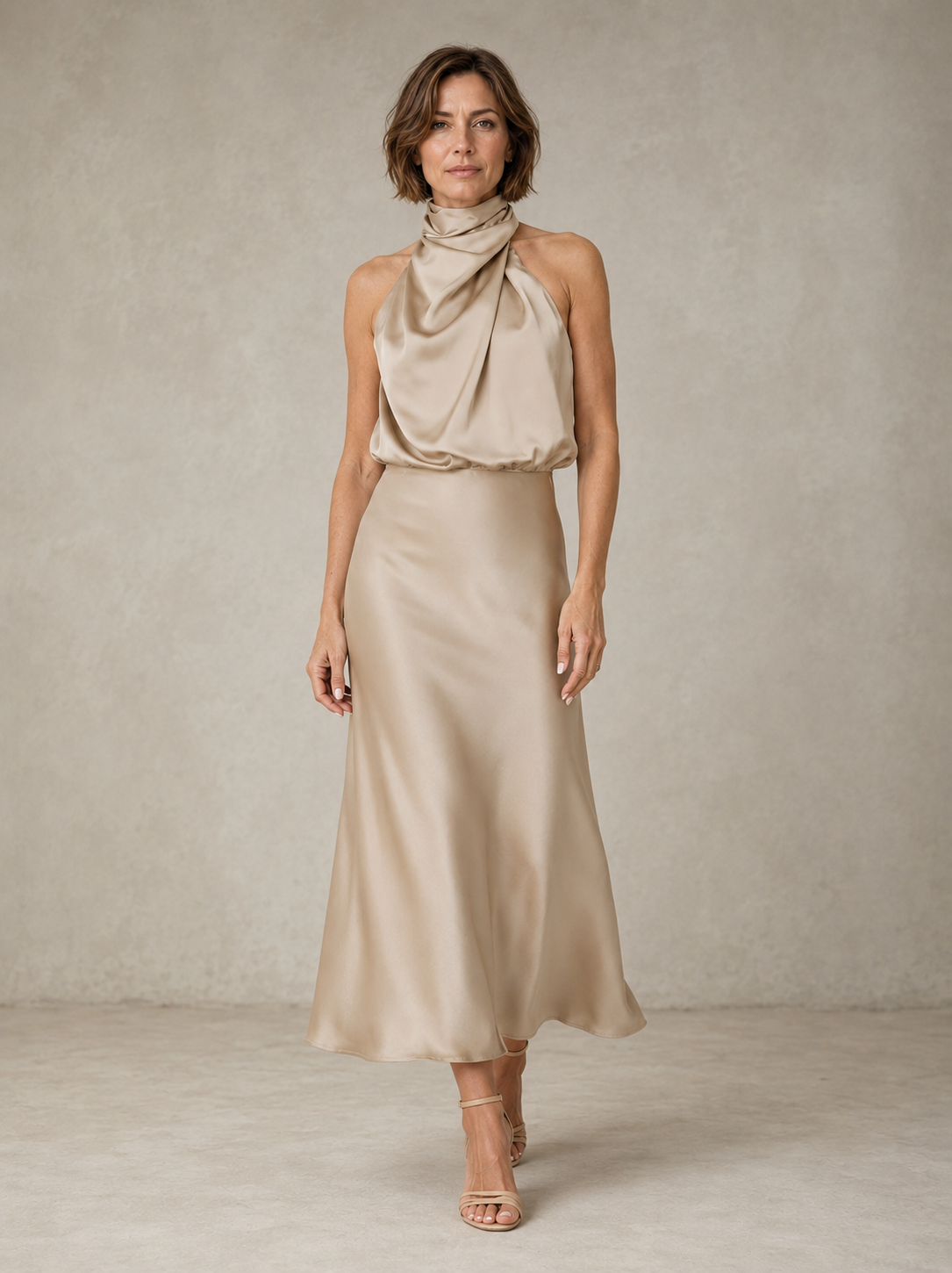 Sabine | Teal Satin Draped Halter-Neck Midi Dress