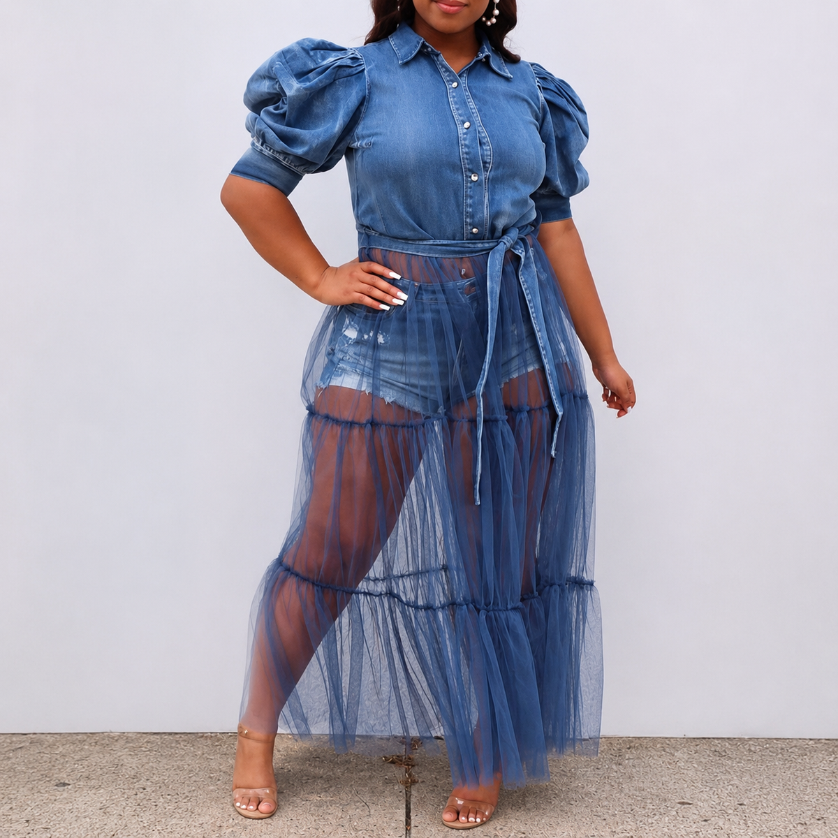 Evelyn | Dress Cardigan Denim Stitching