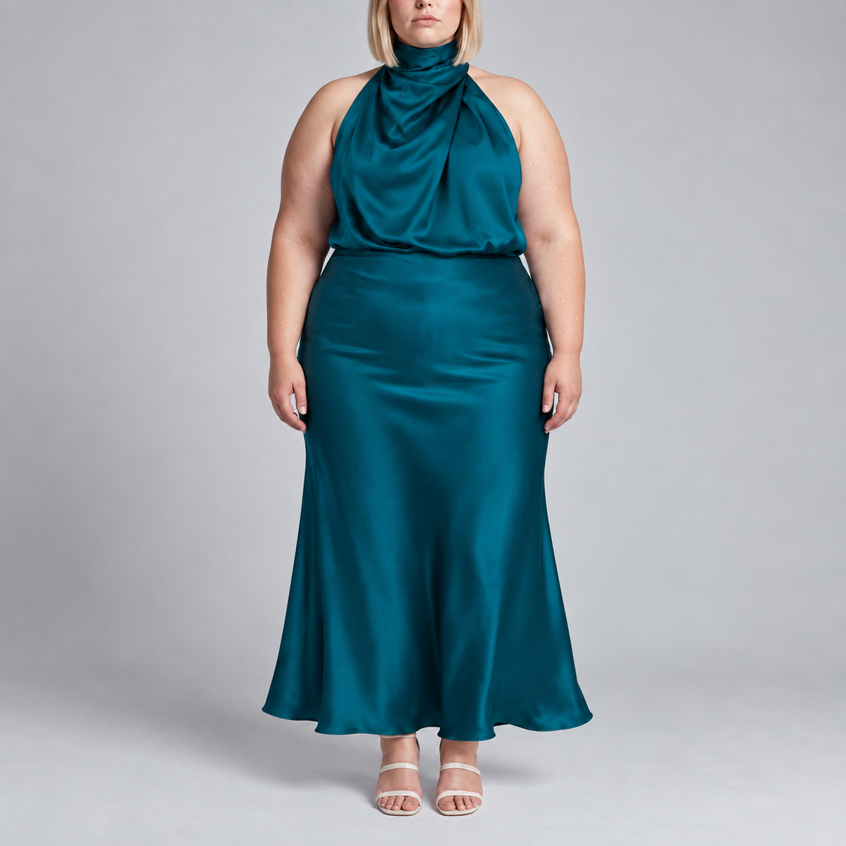 Sabine | Teal Satin Halter Midi Dress