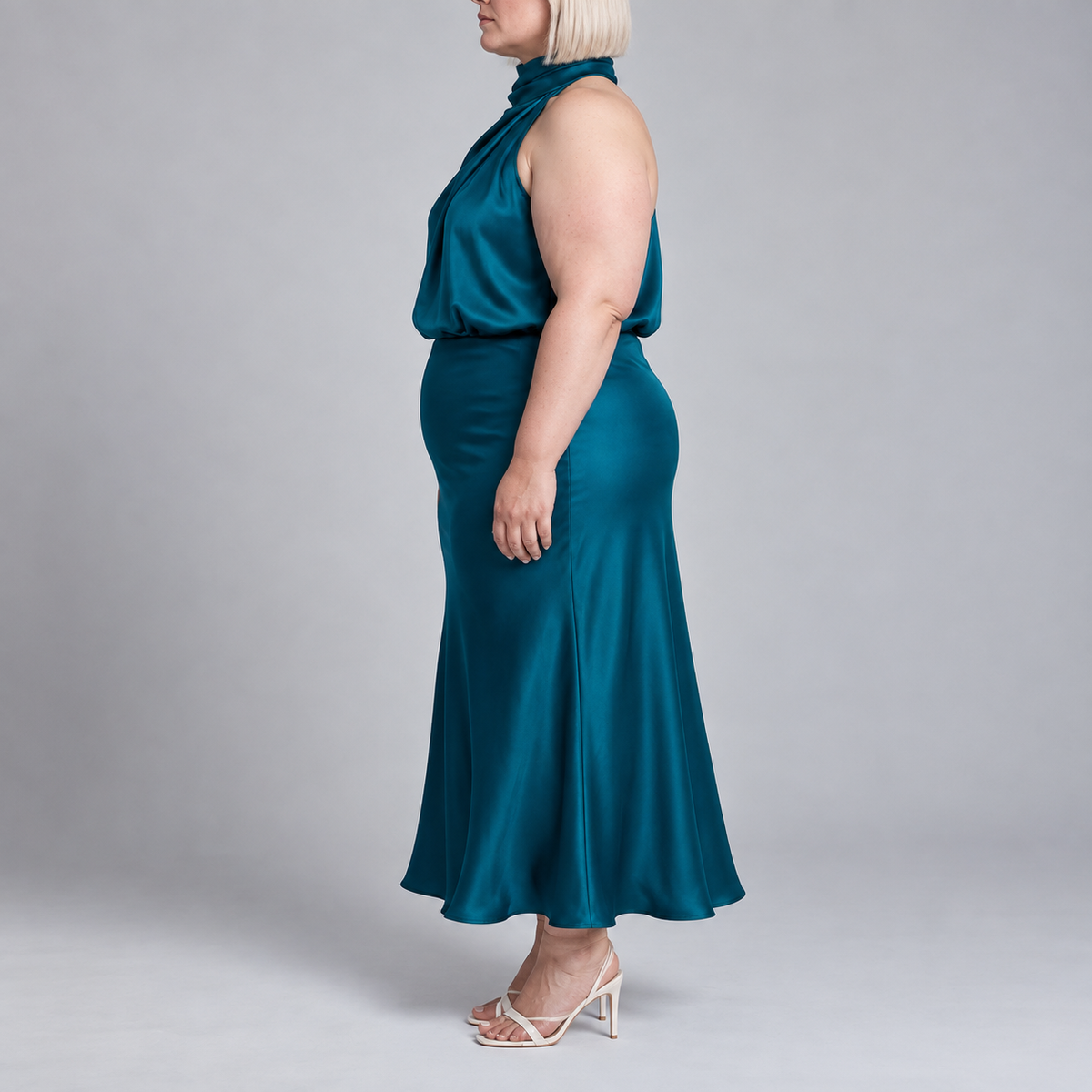 Sabine | Teal Satin Halter Midi Dress