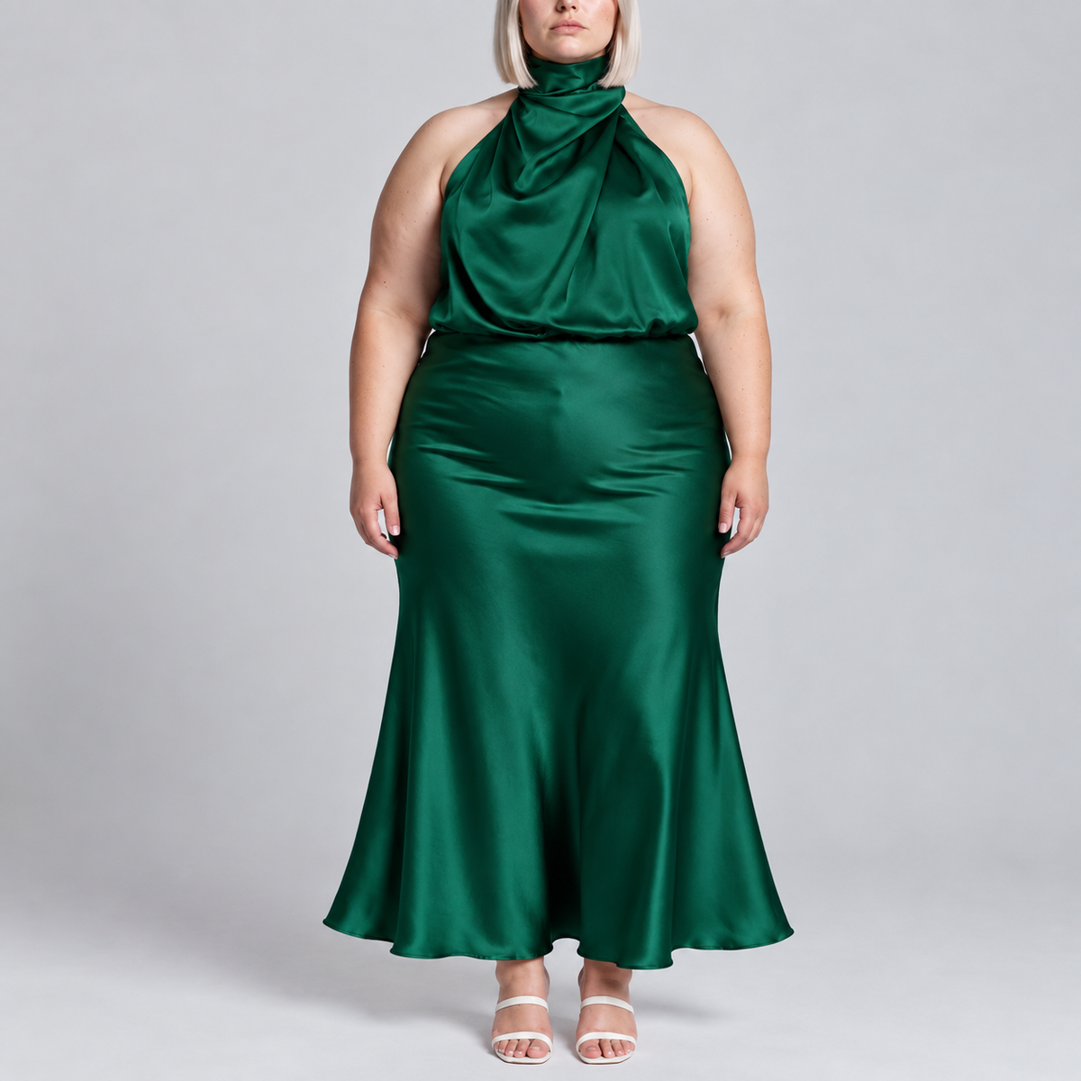 Sabine | Teal Satin Halter Midi Dress