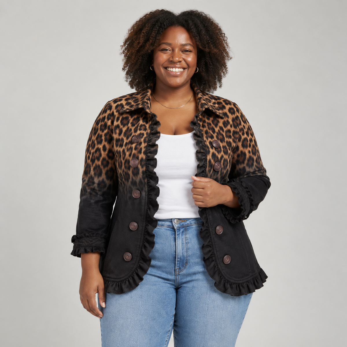 Heather – Black Leopard Print Frill Blazer