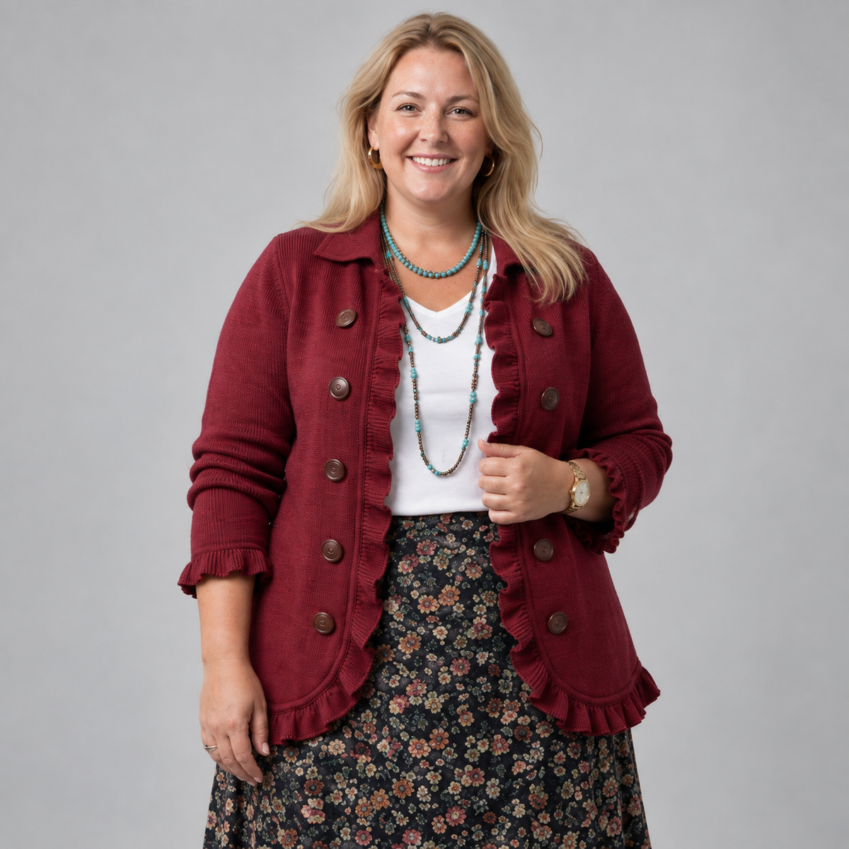 Edith –  Ruby Red Frill Cardigan