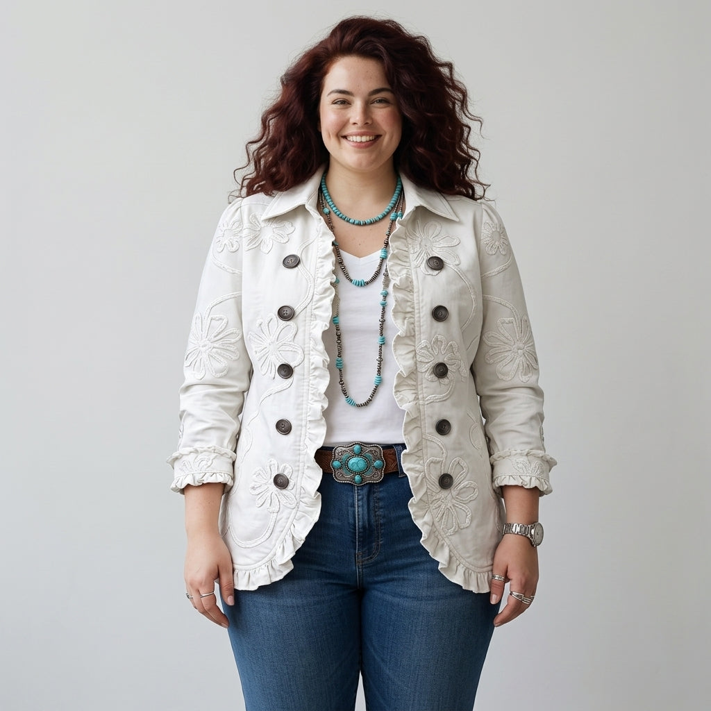 Rachael – Ivory Embroidered Frill Jacket