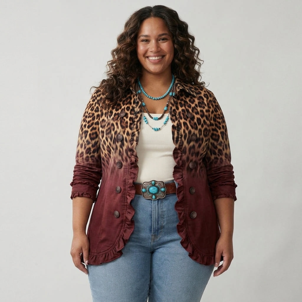 Tina | Wine Leopard Frill Blazer