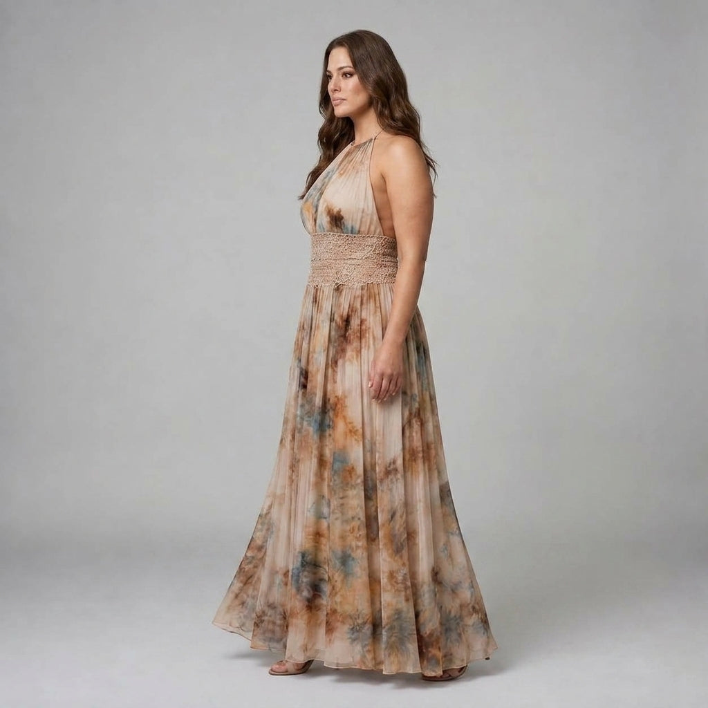 Elavenue | Halter Lace Waist Maxi Dress