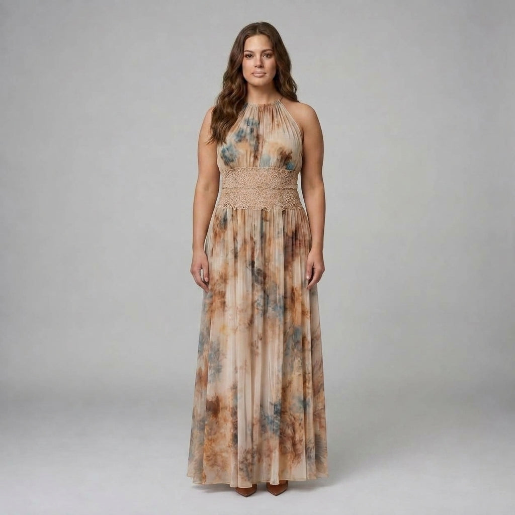 Elavenue | Halter Lace Waist Maxi Dress