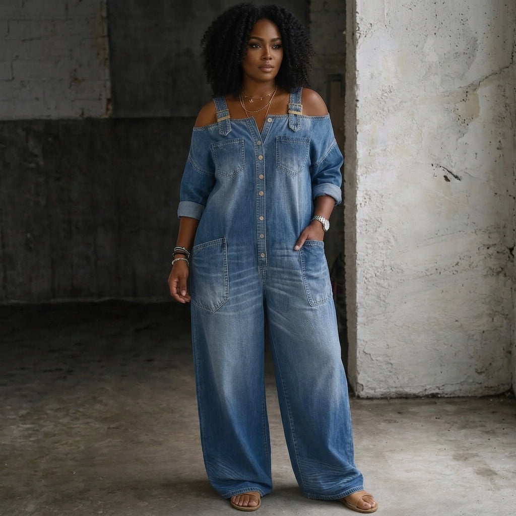 Stephanie | Off Shoulder Denim Shirt Jumpsuit