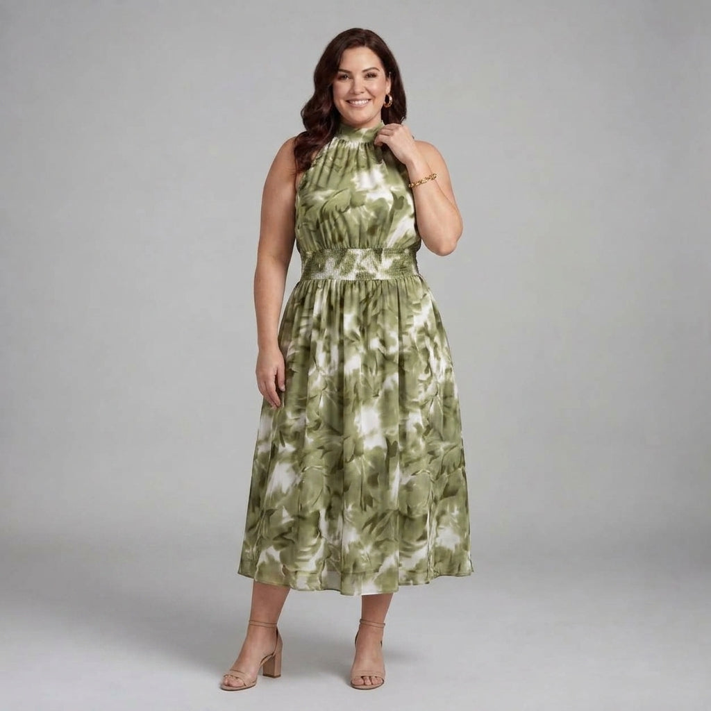 Olivia™ Gathered Waist Abstract Print Midi Dress