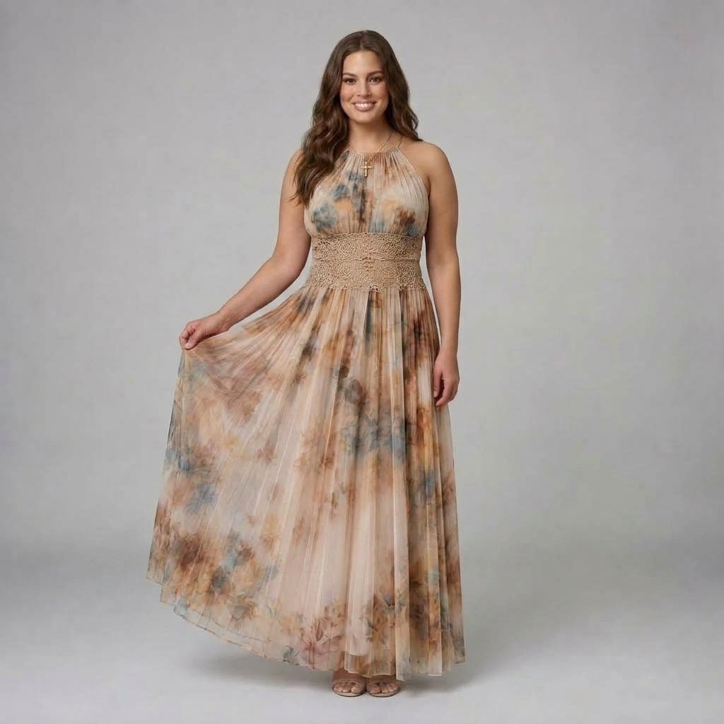 Elavenue | Halter Lace Waist Maxi Dress