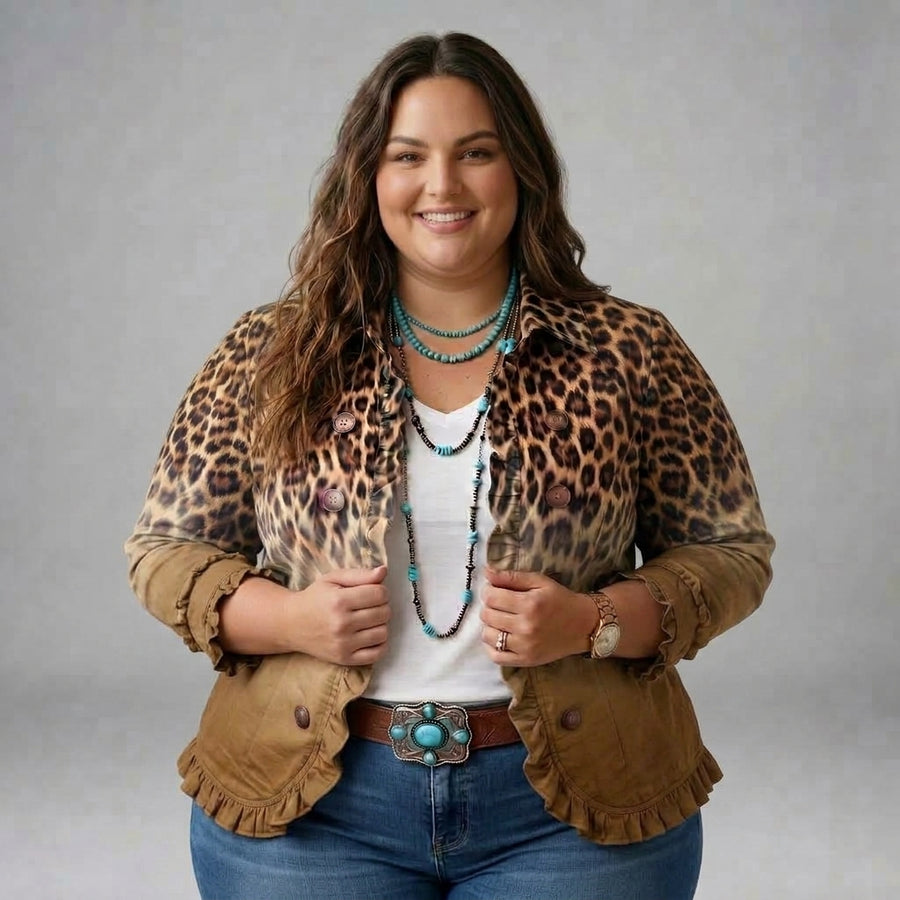 Gloria – Ochre Leopard Print Frill Blazer