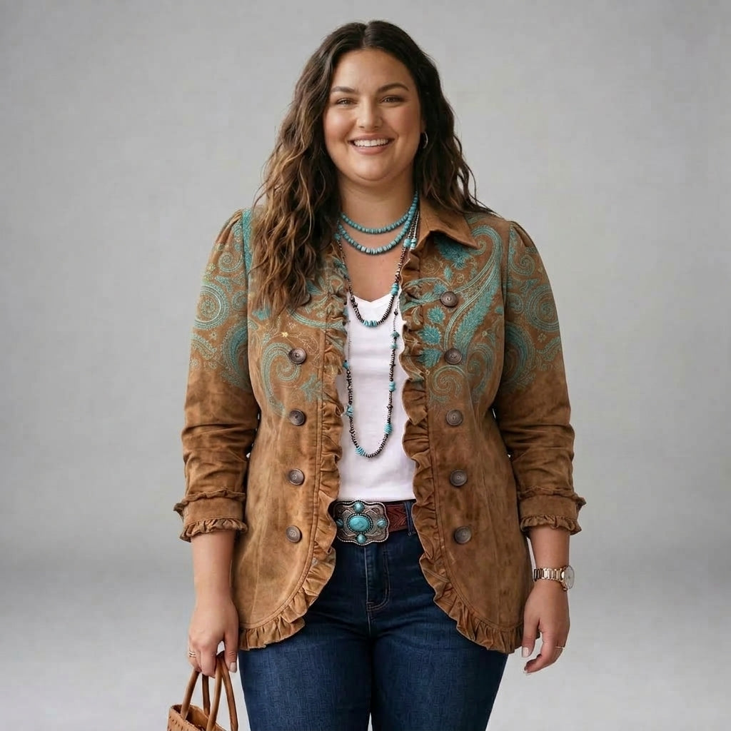Beth – Caramel and Turquoise Paisley Frill Jacket