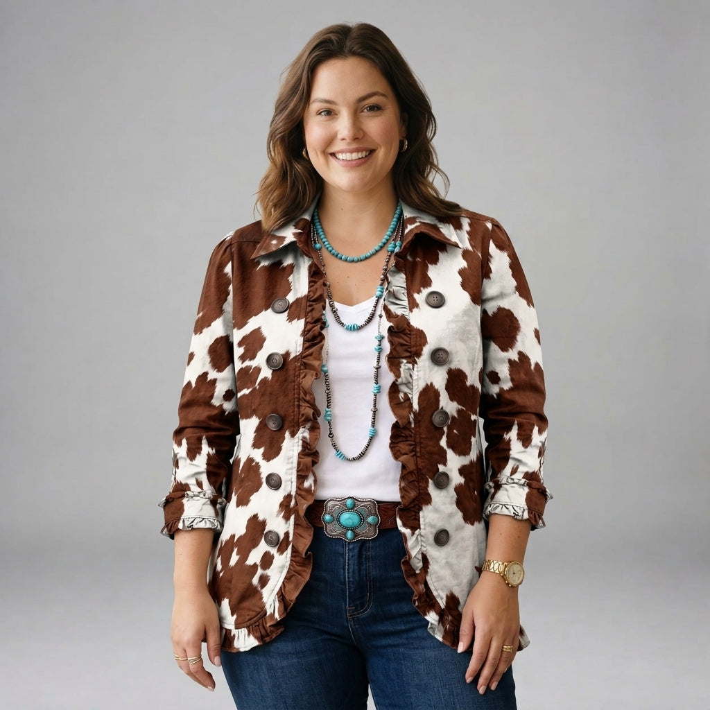 Cynthia – Brown and White Cow Print Frill Jacket