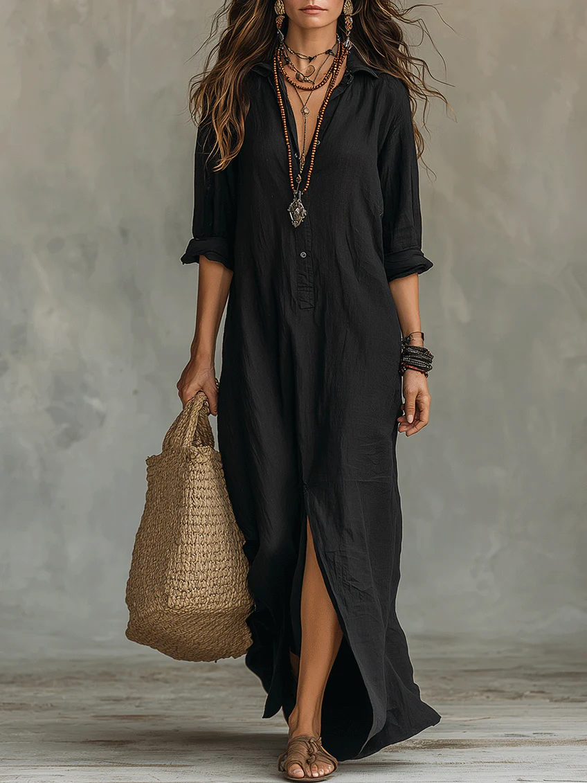 Mia | Long Black Maxi Dress with Buttons
