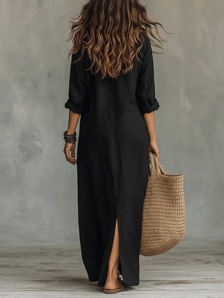 Mia | Long Black Maxi Dress with Buttons