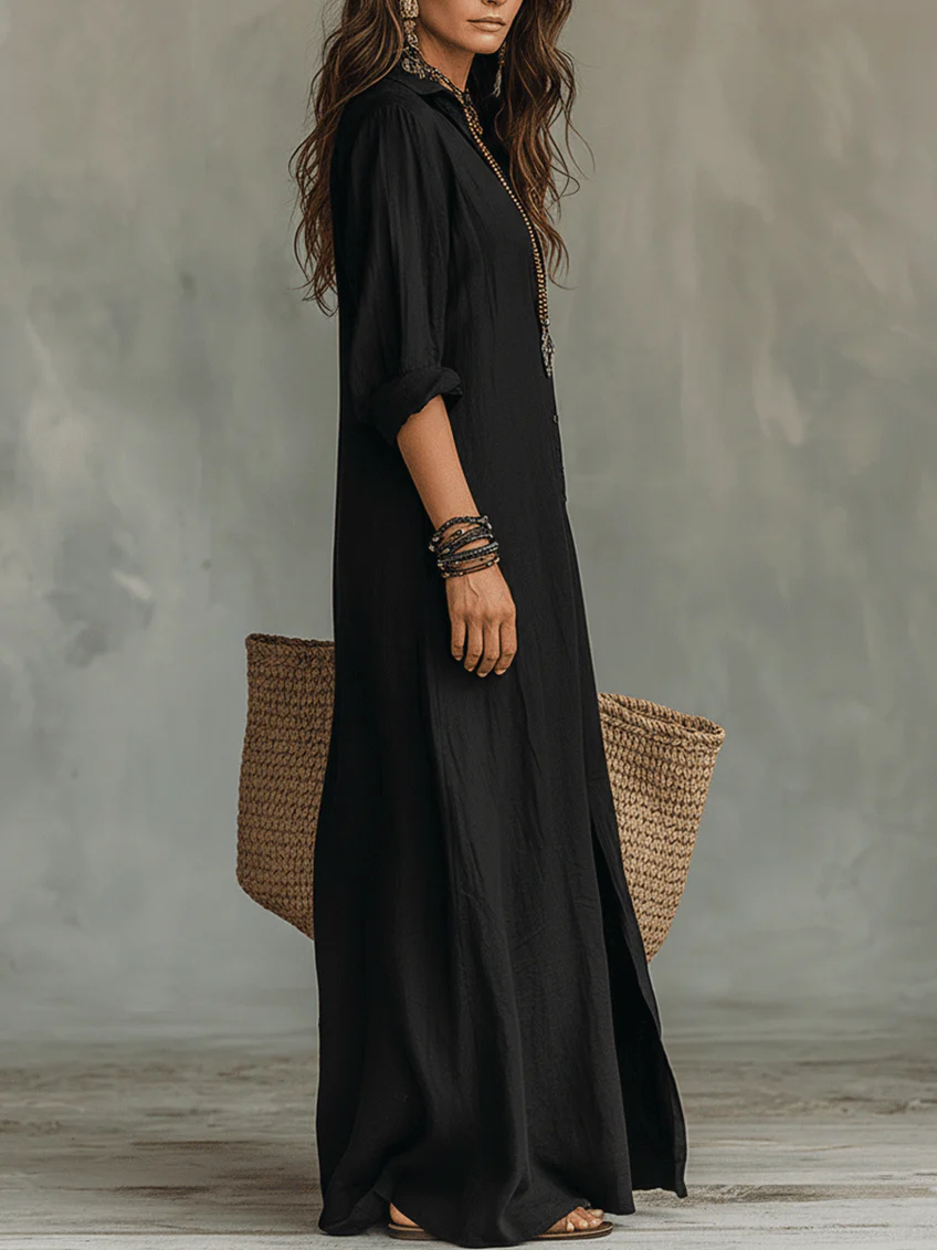 Mia | Long Black Maxi Dress with Buttons