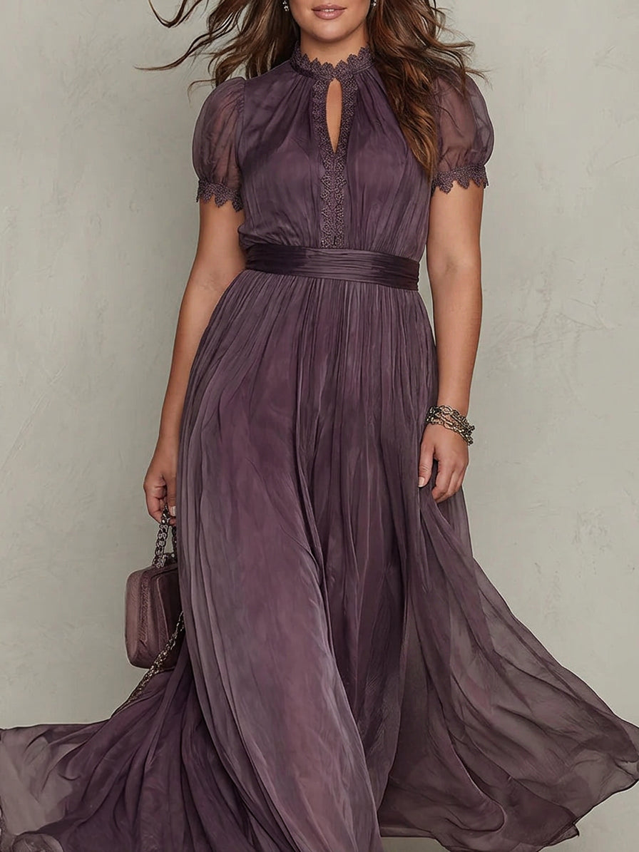 Purple Keyhole Neckline Chiffon Lace Trim Maxi Dress