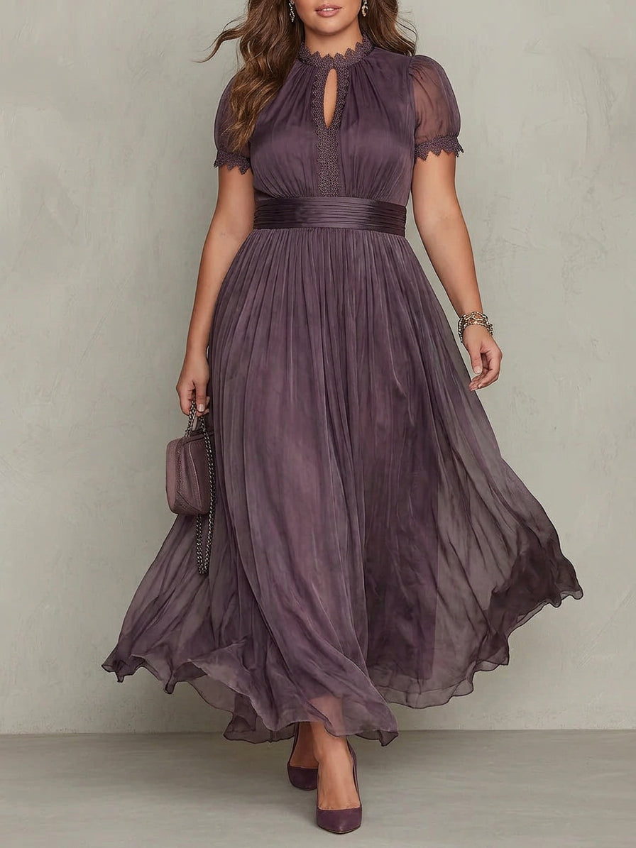 Purple Keyhole Neckline Chiffon Lace Trim Maxi Dress