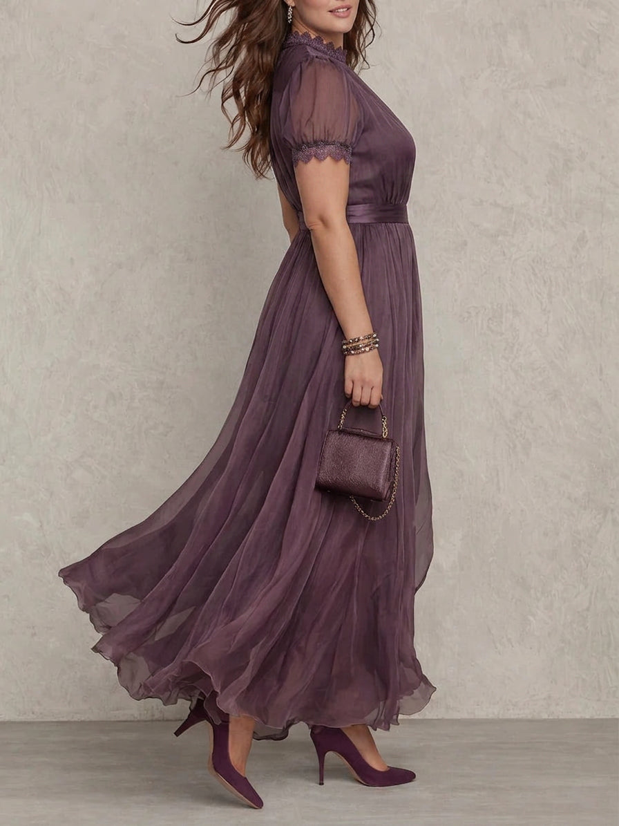 Purple Keyhole Neckline Chiffon Lace Trim Maxi Dress