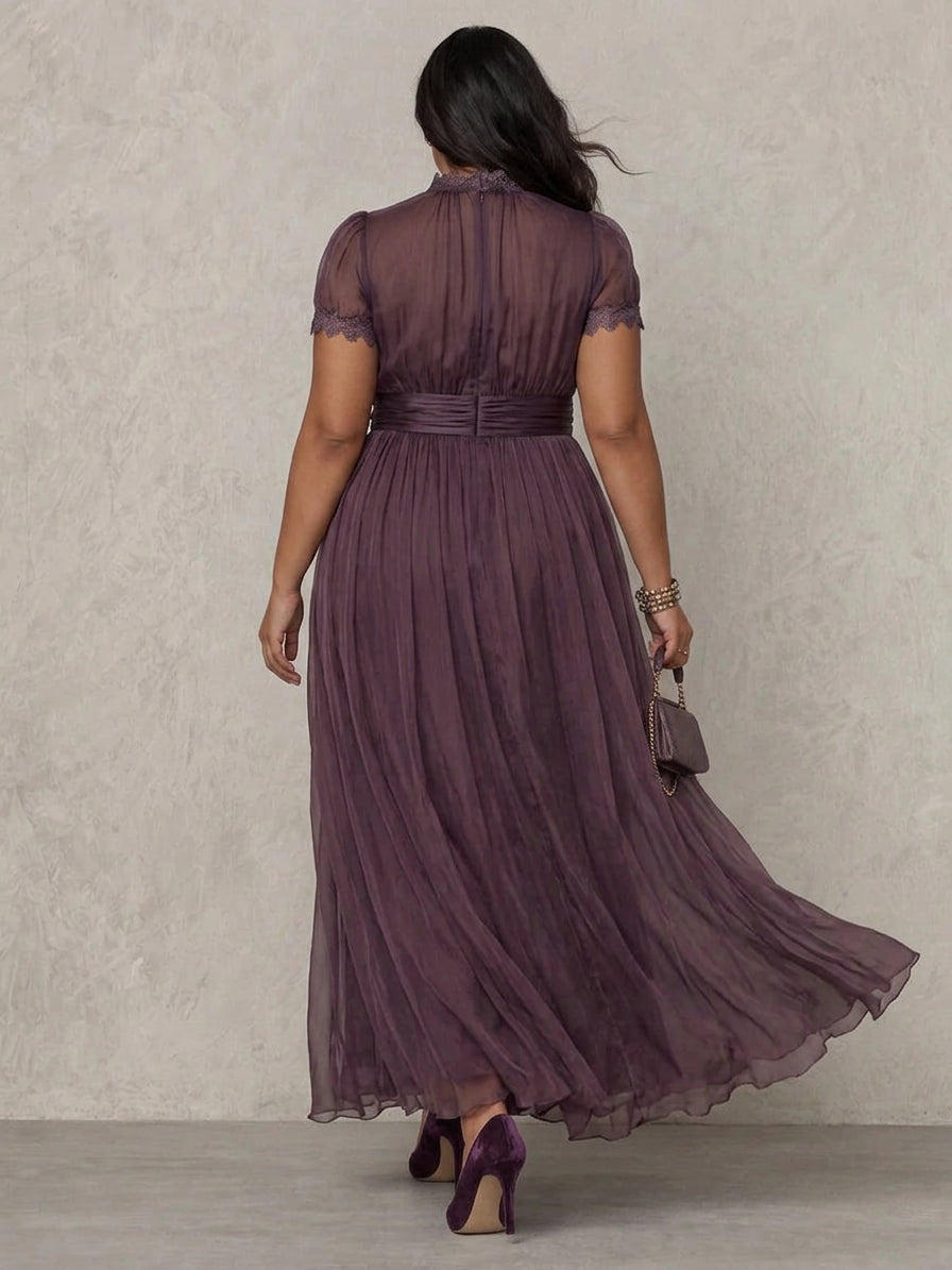 Purple Keyhole Neckline Chiffon Lace Trim Maxi Dress