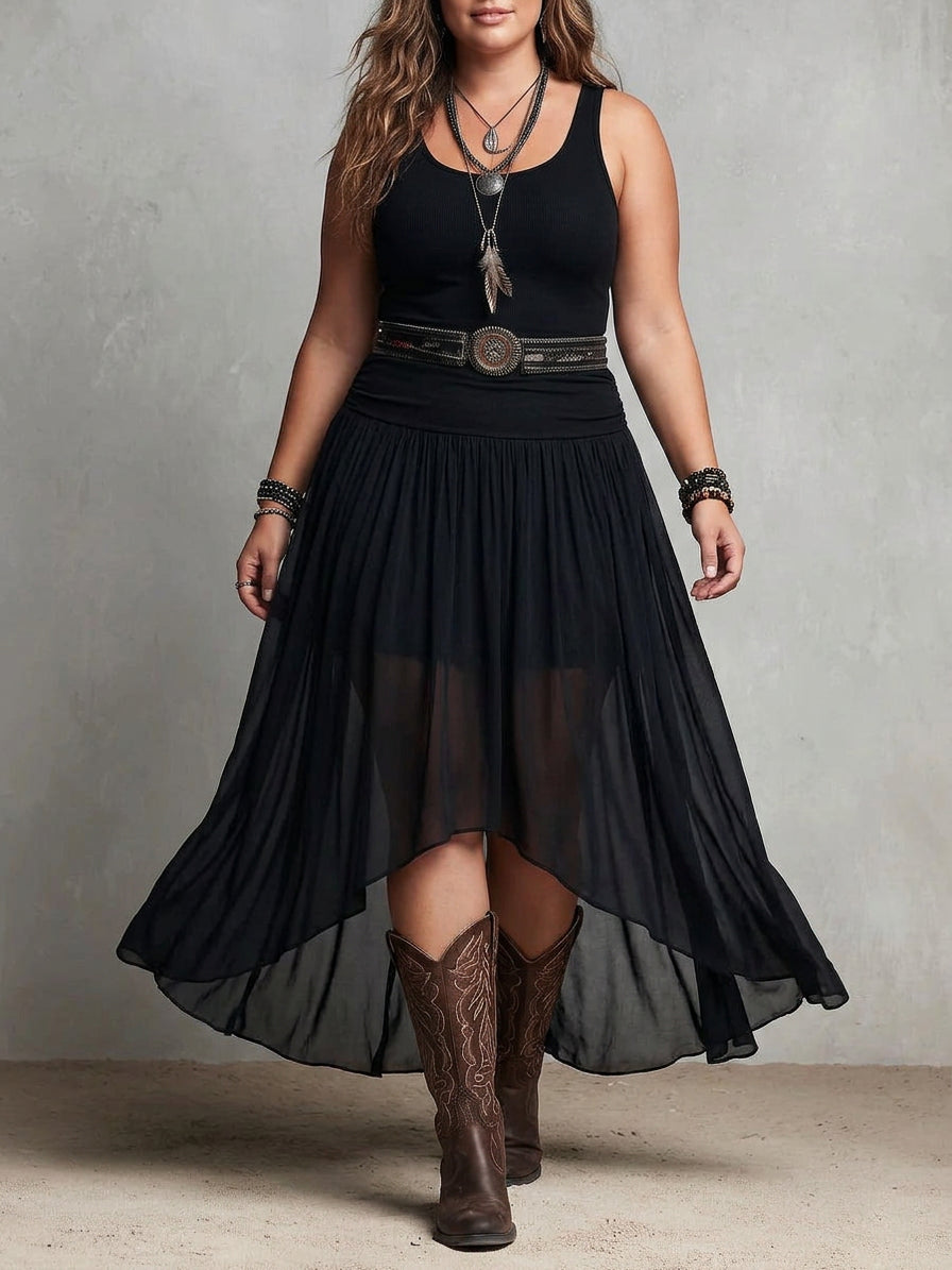 Black Sleeveless Tank Top With Tulle Skirt Maxi Dress (with belt)