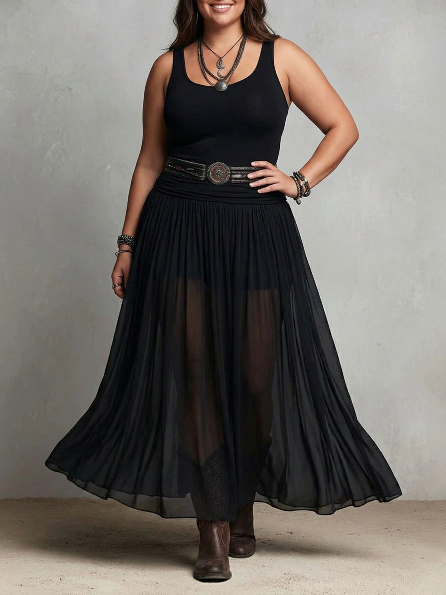 Black Sleeveless Tank Top With Tulle Skirt Maxi Dress (with belt)