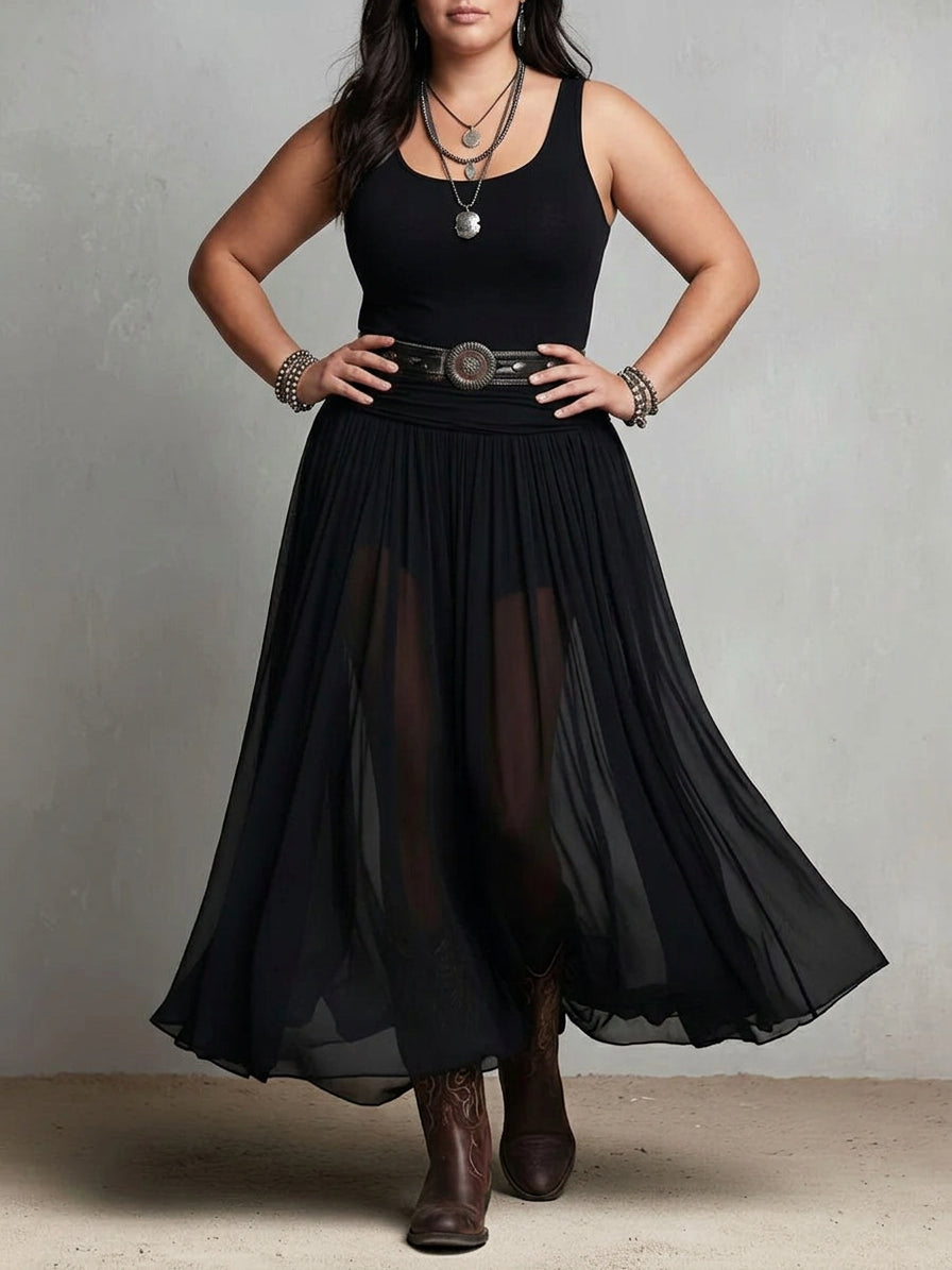 Black Sleeveless Tank Top With Tulle Skirt Maxi Dress (with belt)