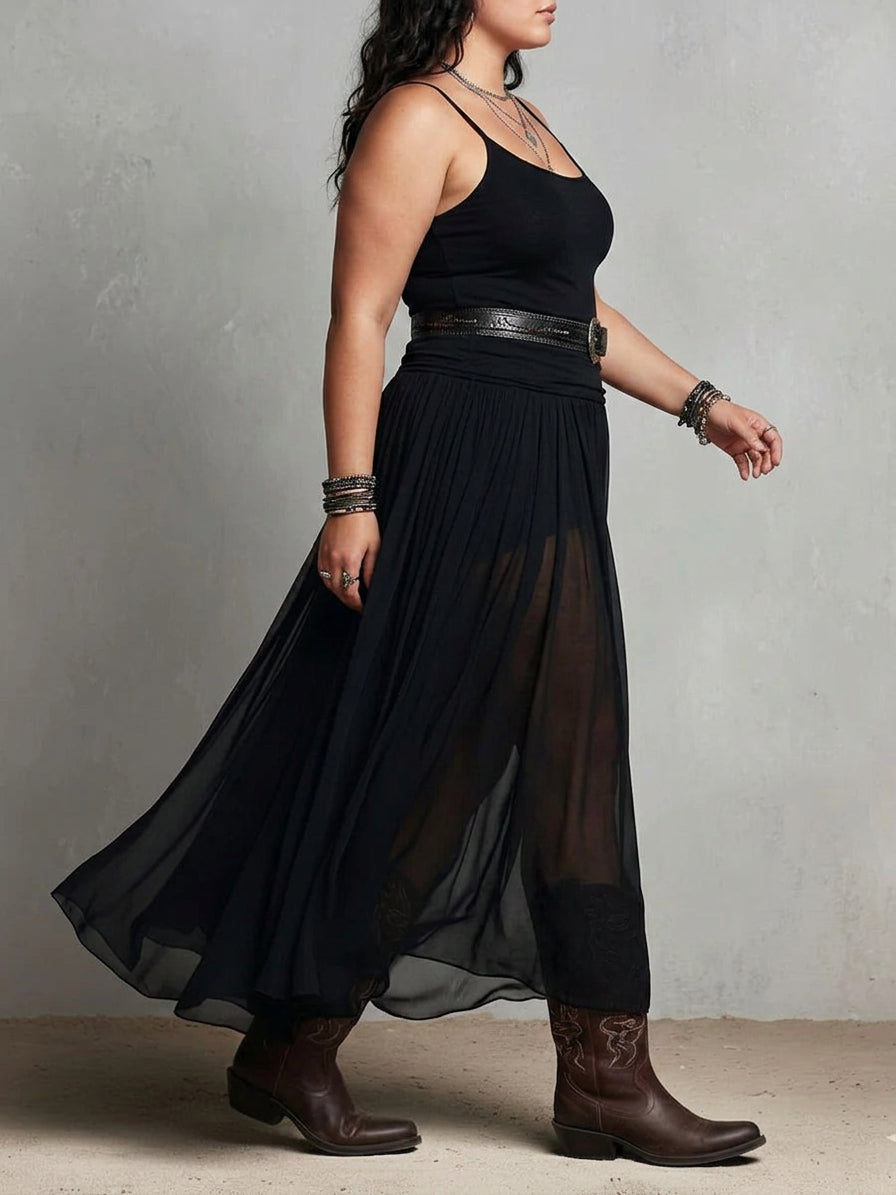 Black Sleeveless Tank Top With Tulle Skirt Maxi Dress (with belt)