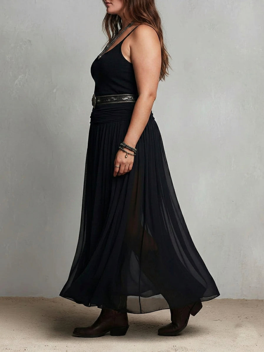 Black Sleeveless Tank Top With Tulle Skirt Maxi Dress (with belt)