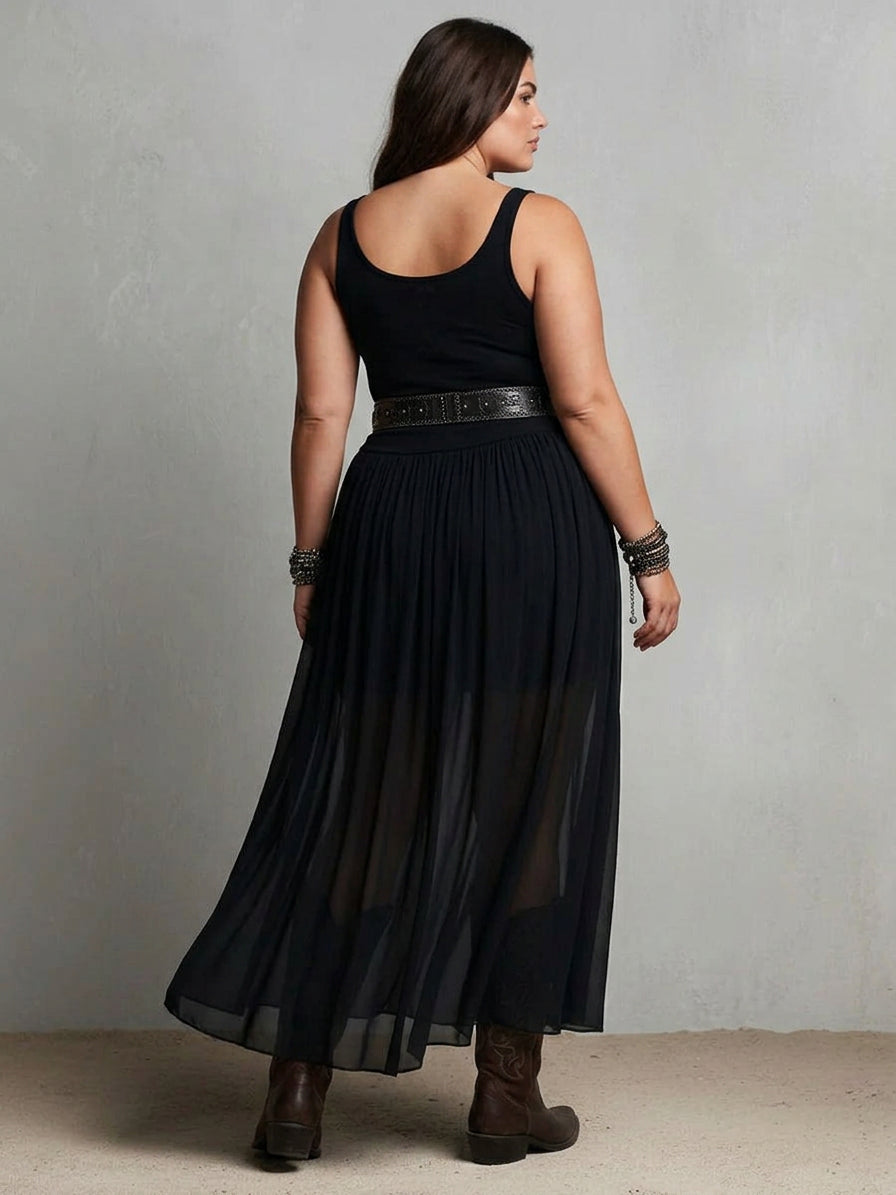 Black Sleeveless Tank Top With Tulle Skirt Maxi Dress (with belt)