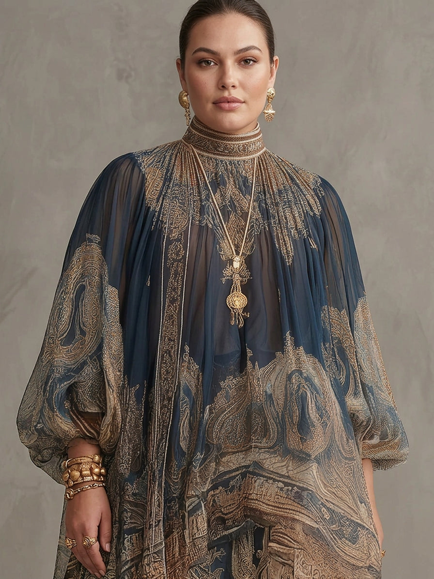 Navy Blue Baroque Print High-neck Irregular Chiffon Mini Dress