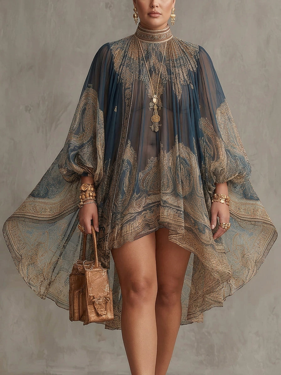 Navy Blue Baroque Print High-neck Irregular Chiffon Mini Dress