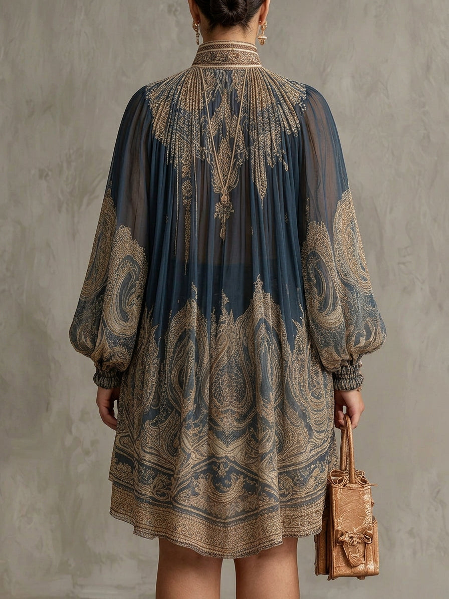 Navy Blue Baroque Print High-neck Irregular Chiffon Mini Dress
