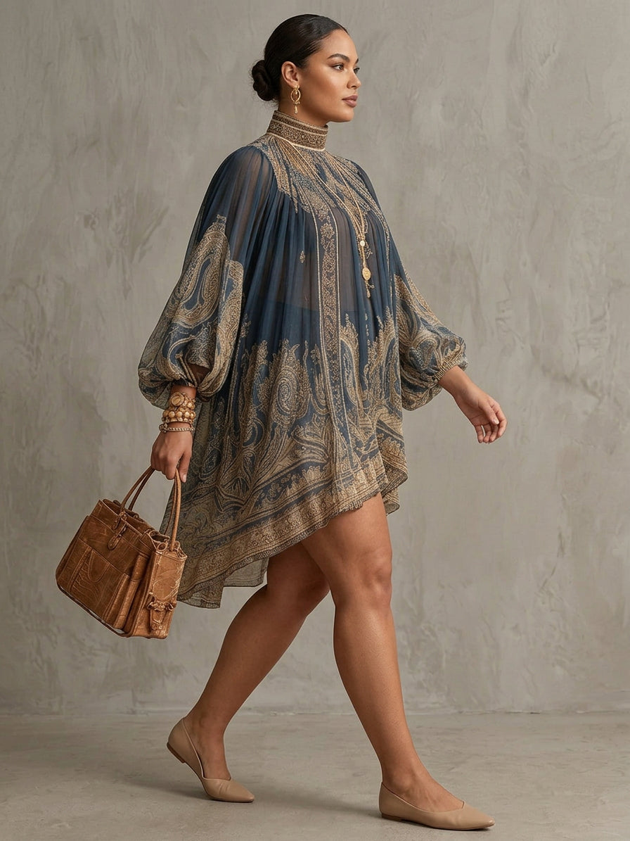Navy Blue Baroque Print High-neck Irregular Chiffon Mini Dress