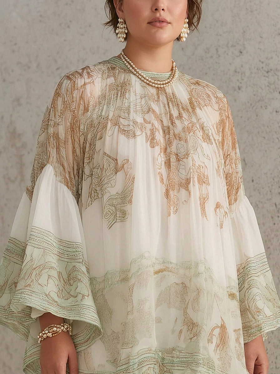 Green Print Ruffle Hem Flounce Sleeve Chiffon Mini Dress