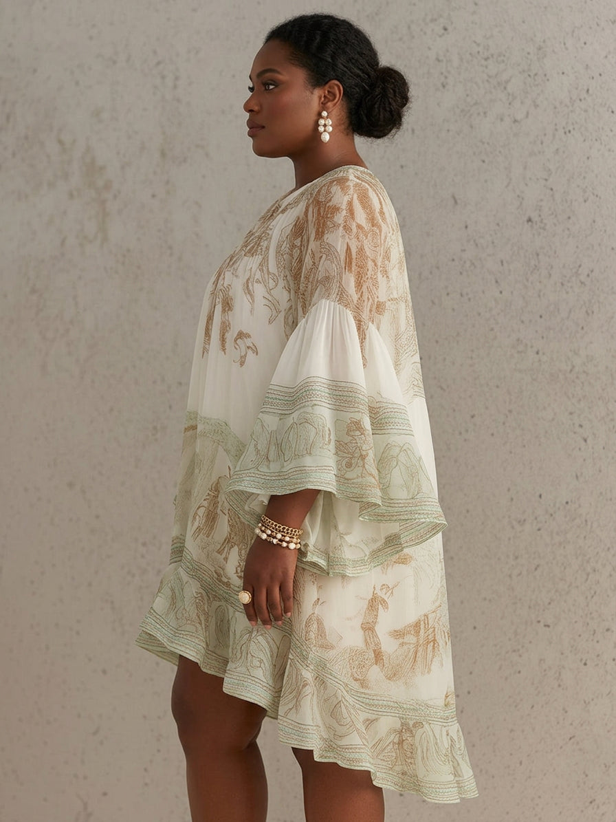 Green Print Ruffle Hem Flounce Sleeve Chiffon Mini Dress