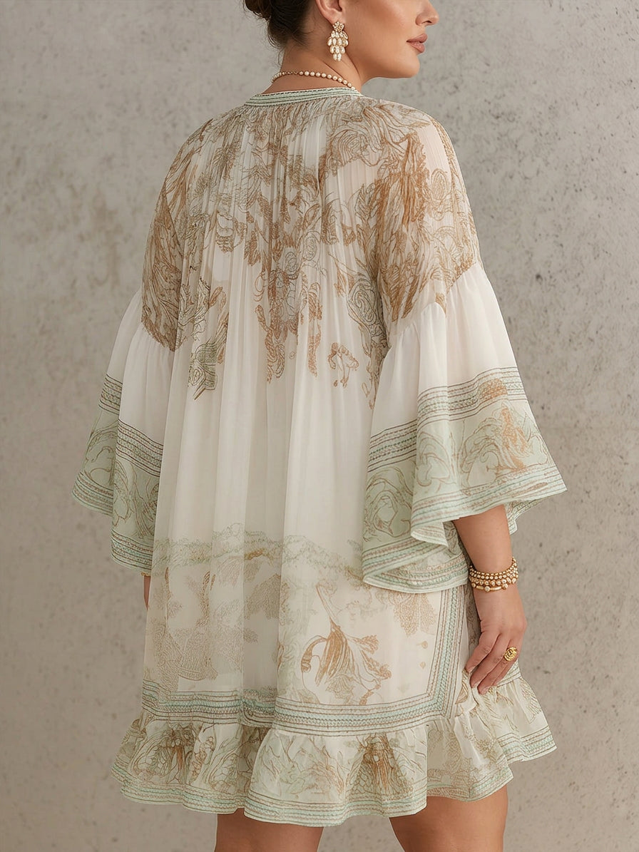 Green Print Ruffle Hem Flounce Sleeve Chiffon Mini Dress