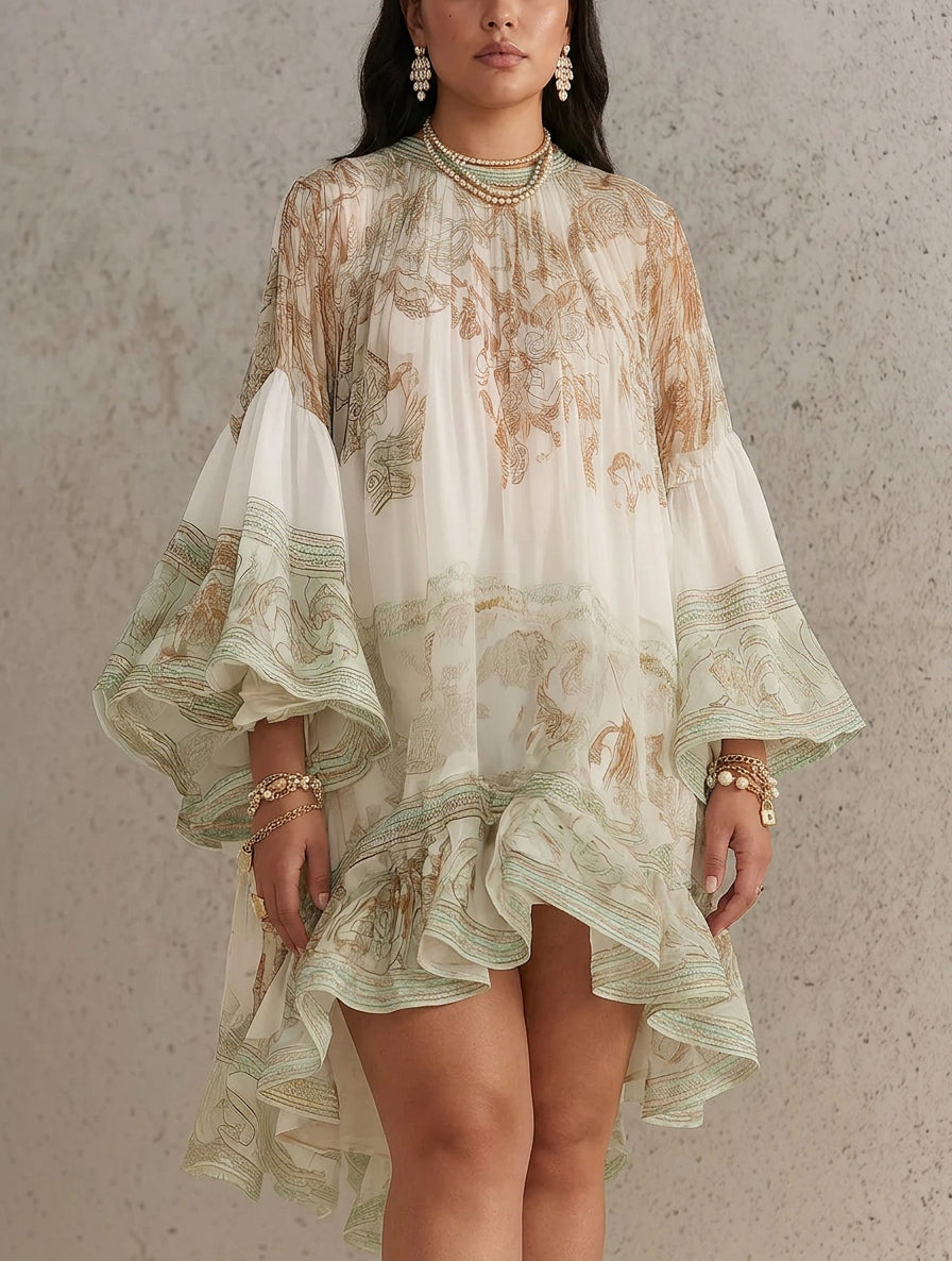 Green Print Ruffle Hem Flounce Sleeve Chiffon Mini Dress
