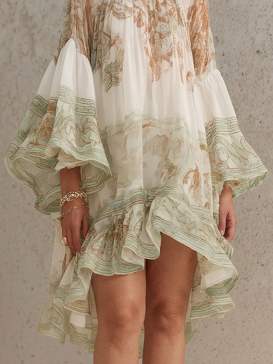Green Print Ruffle Hem Flounce Sleeve Chiffon Mini Dress