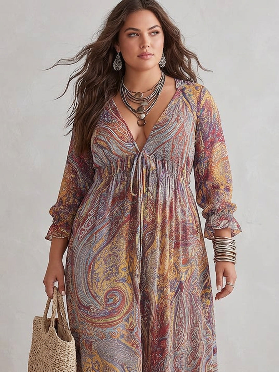 Paisley Print V-neck Gathered Chiffon Maxi Dress