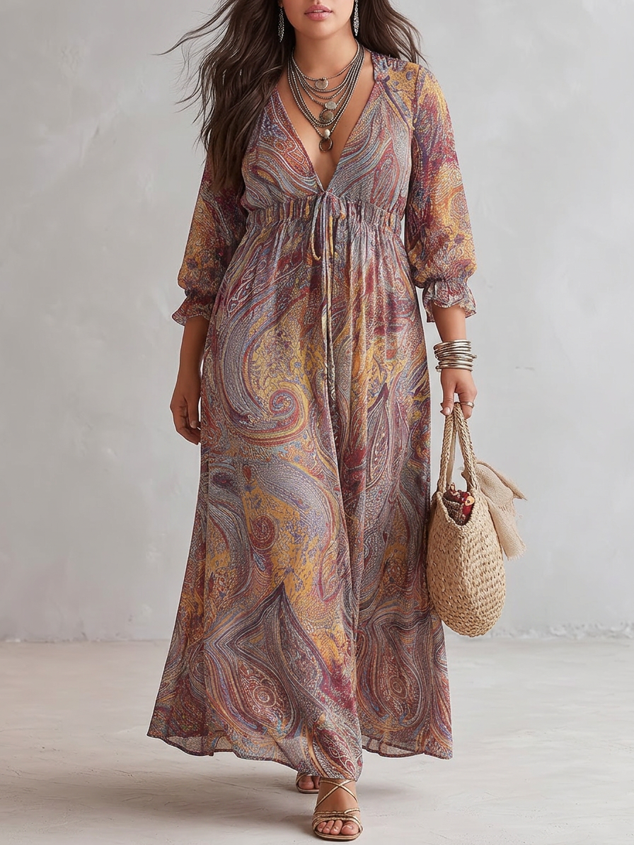 Paisley Print V-neck Gathered Chiffon Maxi Dress
