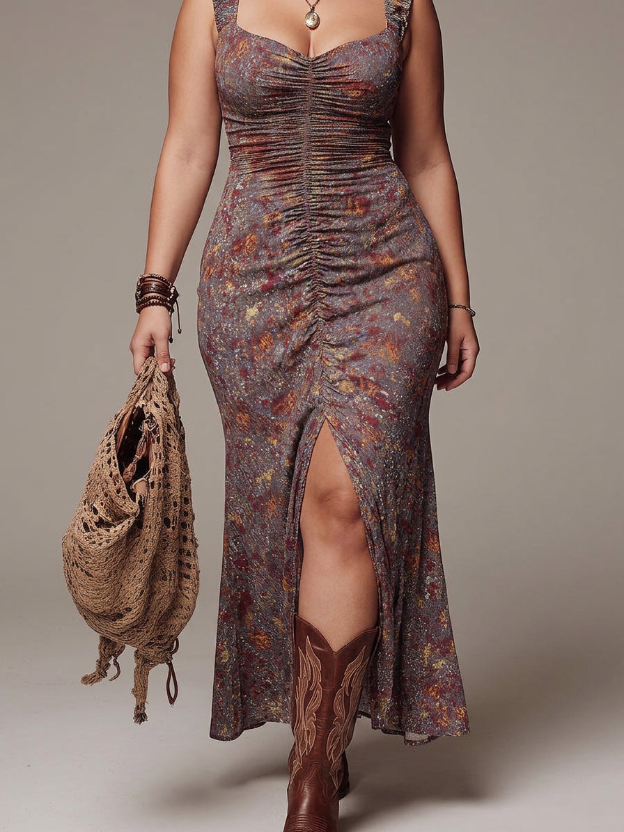 Grayish-purple Pleated Floral Print Slit Maxi Dress